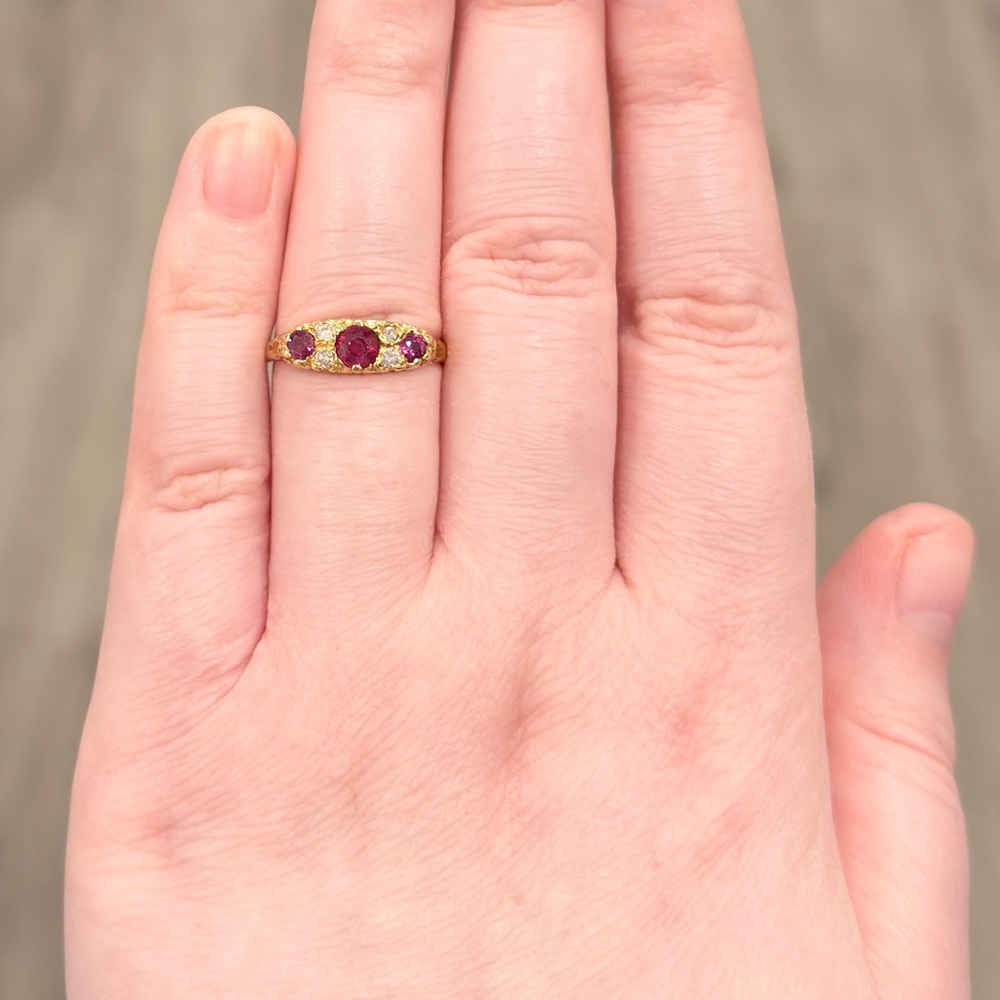 18K Ruby Diamond Edwardian Ring, 1960s Recreation Size 6.75 - Picture 9 of 15